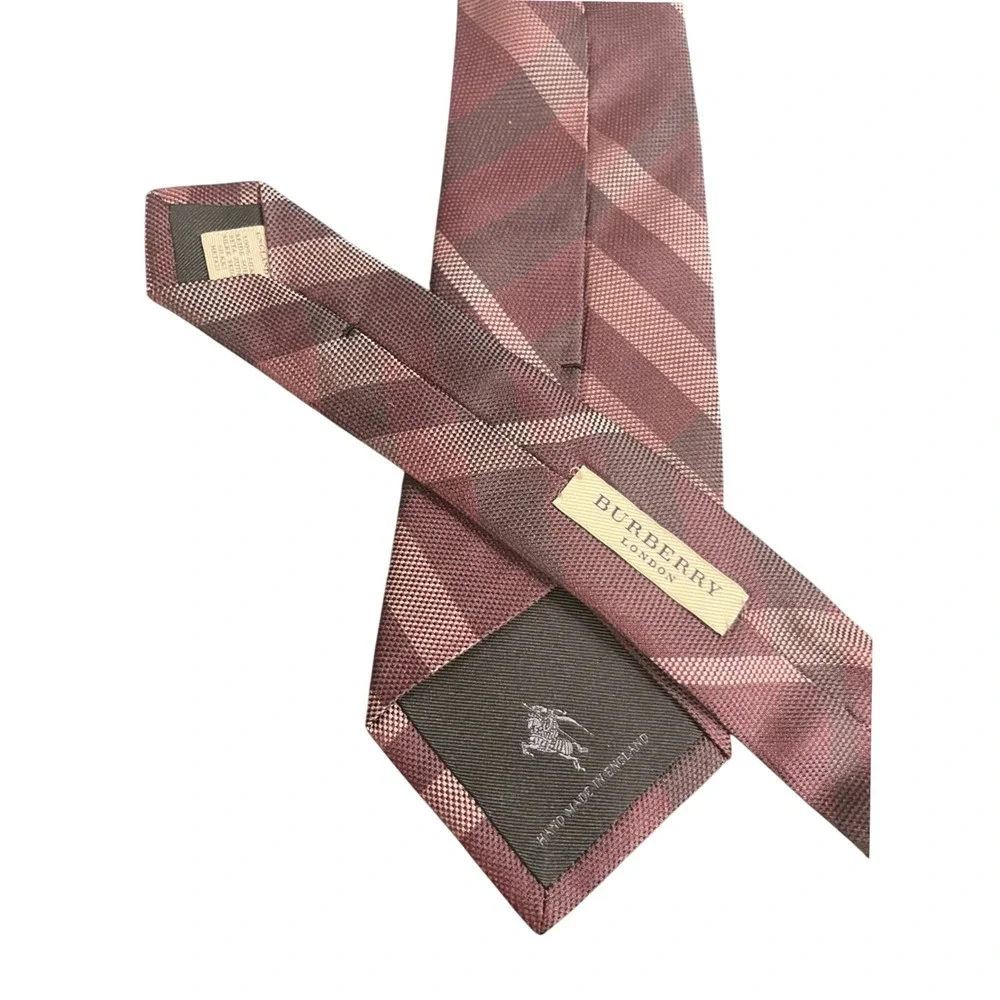 Burberry London Silk Tie Mens OS Burgundy Check Hand Made England Excellent
